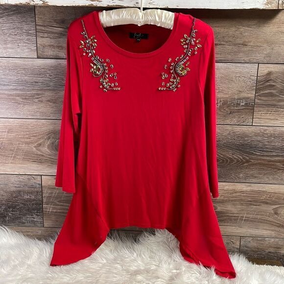 Earl Jean Ladies Jeweled Asymmetrical Blouse, Size Petite Medium, Red, Jewels - Picture 1 of 8